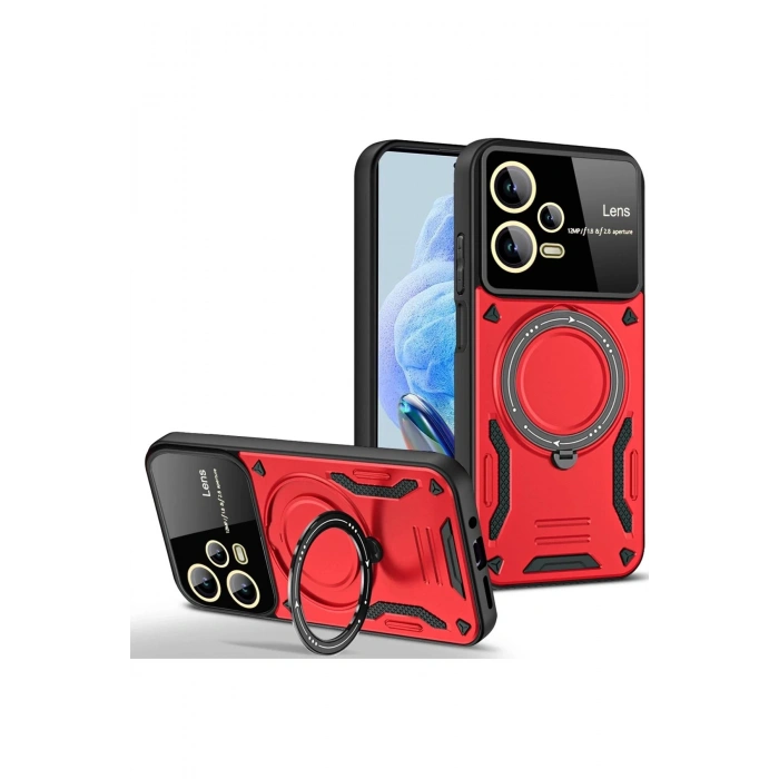 Newface Xiaomi Redmi Note 12 Pro 5G Kılıf Joy Lens Standlı Kapak - Kırmızı