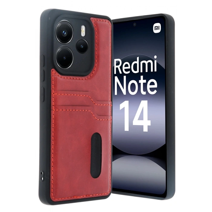 Newface Xiaomi Redmi Note 14 4G Kılıf Sara Kartvizitli Deri Kılıf - Kırmızı