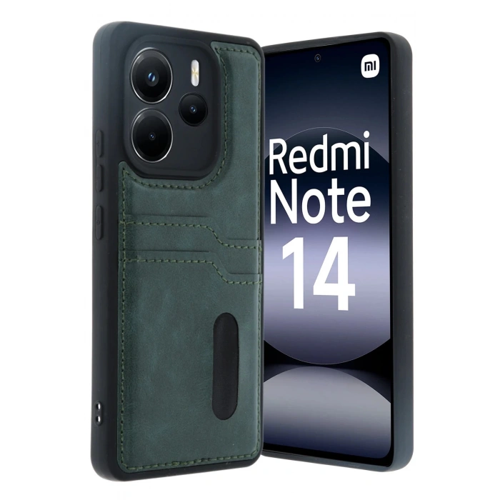 Newface Xiaomi Redmi Note 14 4G Kılıf Sara Kartvizitli Deri Kılıf - Koyu Yeşil