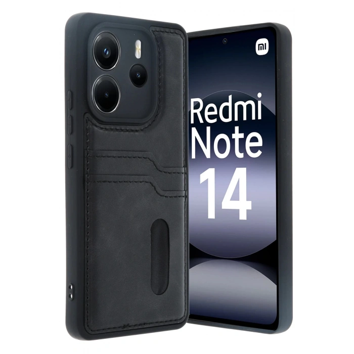Newface Xiaomi Redmi Note 14 4G Kılıf Sara Kartvizitli Deri Kılıf - Siyah
