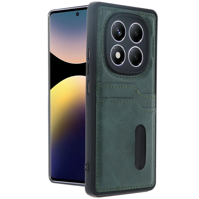 Newface Xiaomi Redmi Note 14 Pro 4G Kılıf Sara Kartvizitli Deri Kılıf - Koyu Yeşil