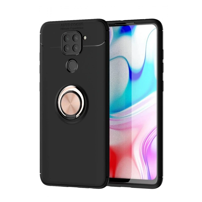 Newface Xiaomi Redmi Note 9 Kılıf Range Yüzüklü Silikon - Siyah-Gold