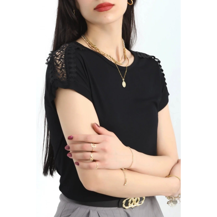 Omuz Dantelli Bluz Siyah - 20766.599.