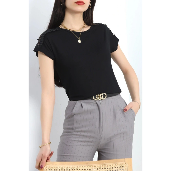 Omuz Dantelli Bluz Siyah - 20766.599.