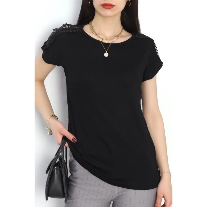 Omuz Dantelli Bluz Siyah - 20766.599.