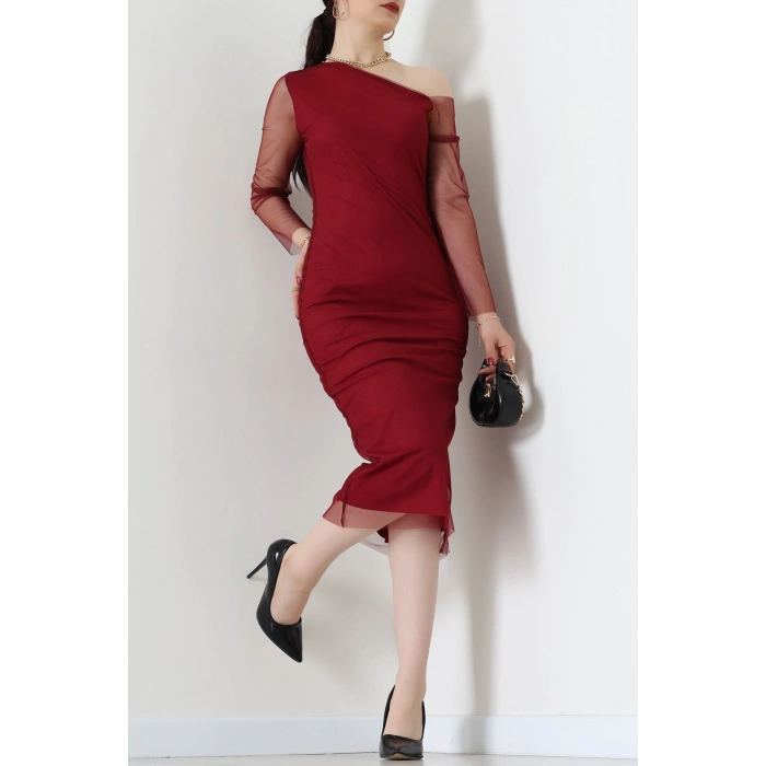 Omuz Detay Büzgülü Elbise Bordo - 30259.1592.