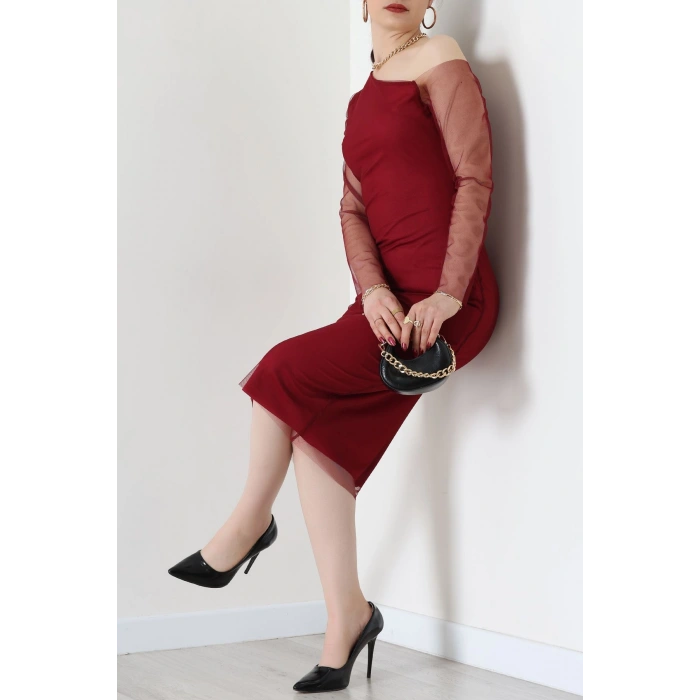 Omuz Detay Büzgülü Elbise Bordo - 30259.1592.