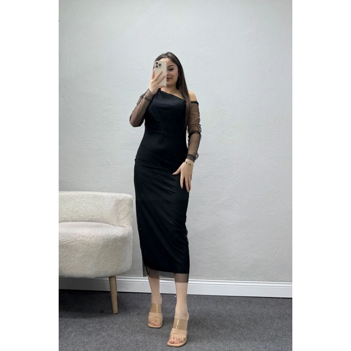 Omuz Detay Büzgülü Elbise Siyah - 30259.1592.
