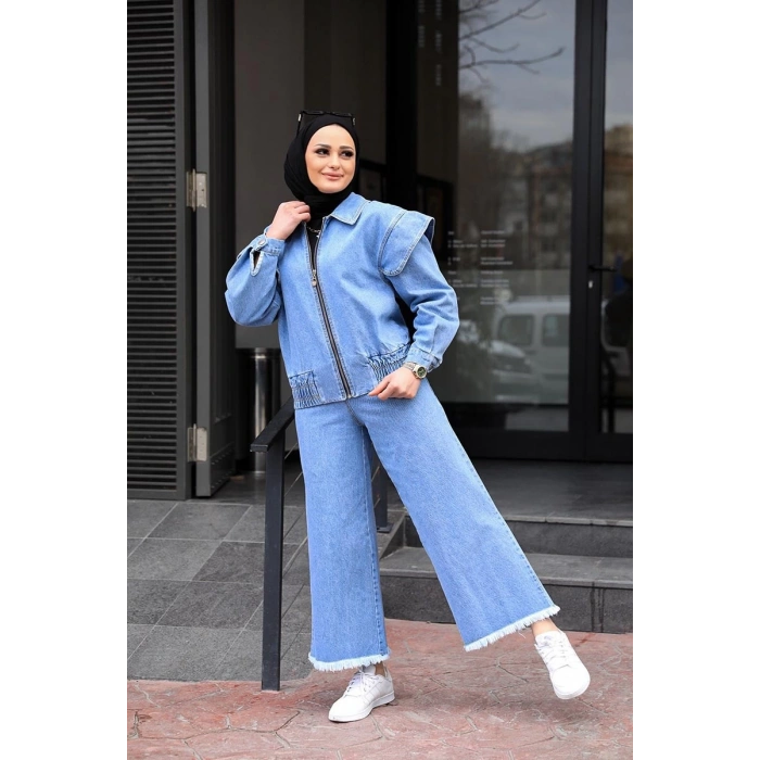 Omuz Detaylı  Kot Ceket Açık Mavi