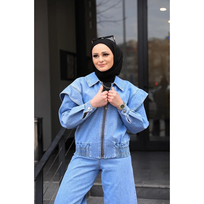 Omuz Detaylı  Kot Ceket Açık Mavi