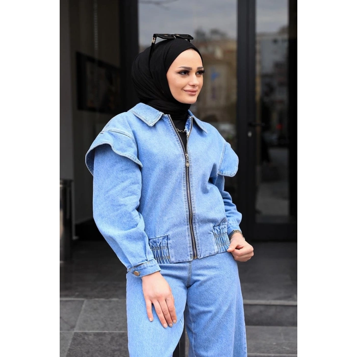 Omuz Detaylı  Kot Ceket Açık Mavi