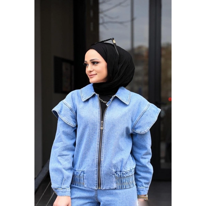 Omuz Detaylı  Kot Ceket Açık Mavi