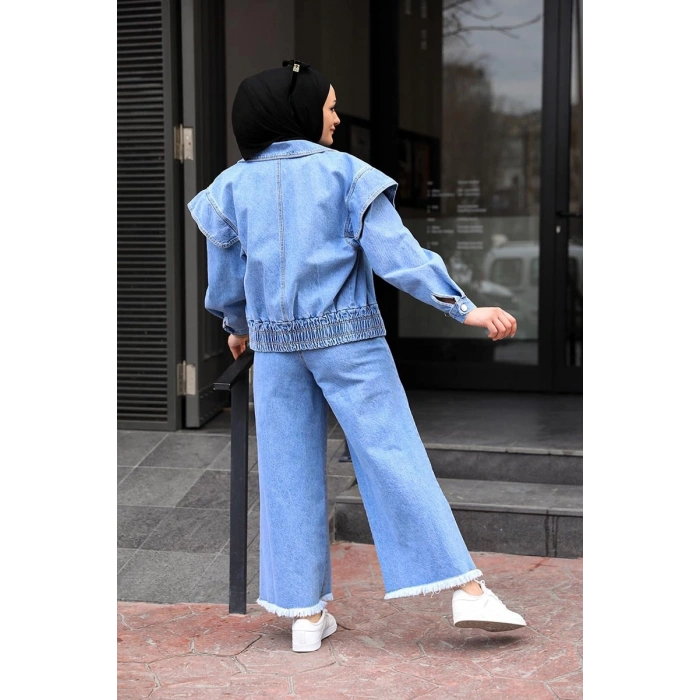 Omuz Detaylı  Kot Ceket Açık Mavi