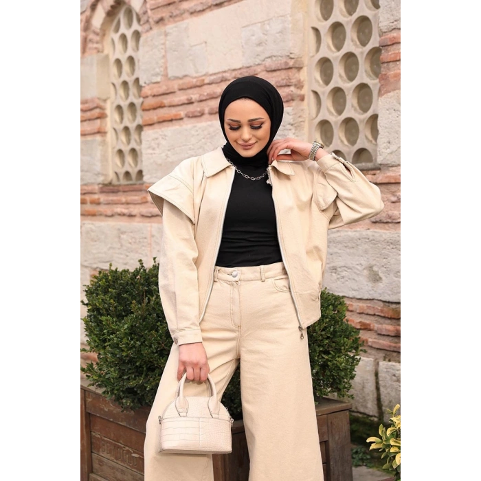 Omuz Detaylı  Kot Ceket Bej