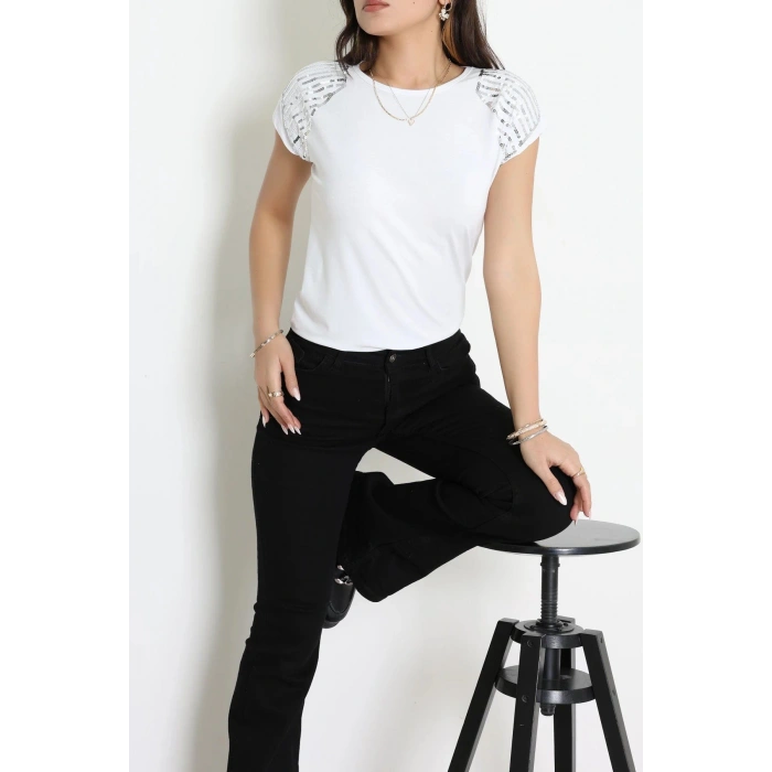 Omuzları Pul Detaylı Bluz Beyaz - 44004.599.