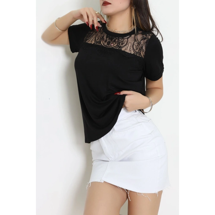 Ön Dantel Detaylı Viskon Bluz Siyah - 89015.1256.