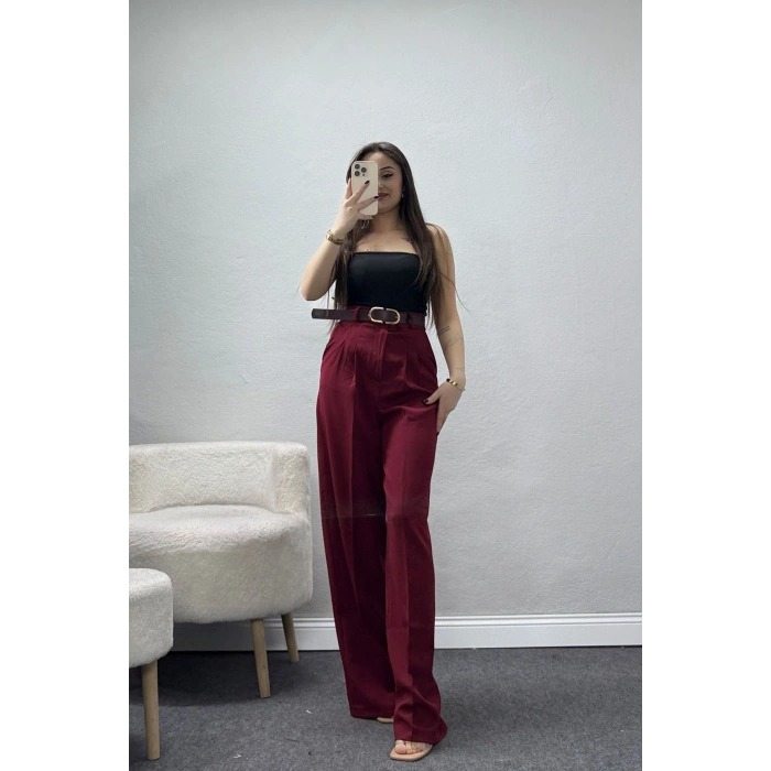 Önden Pileli Dabıl Kumaş Kemerli Pantolon Bordo - 71206.1920.