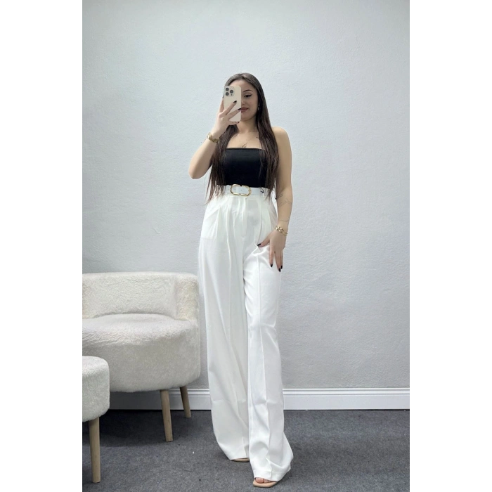 Önden Pileli Dabıl Kumaş Kemerli Pantolon Ekru - 71206.1920.