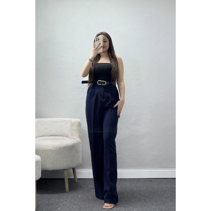 Önden Pileli Dabıl Kumaş Kemerli Pantolon Lacivert - 71206.1920.