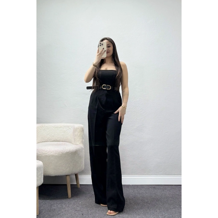 Önden Pileli Dabıl Kumaş Kemerli Pantolon Siyah - 71206.1920.