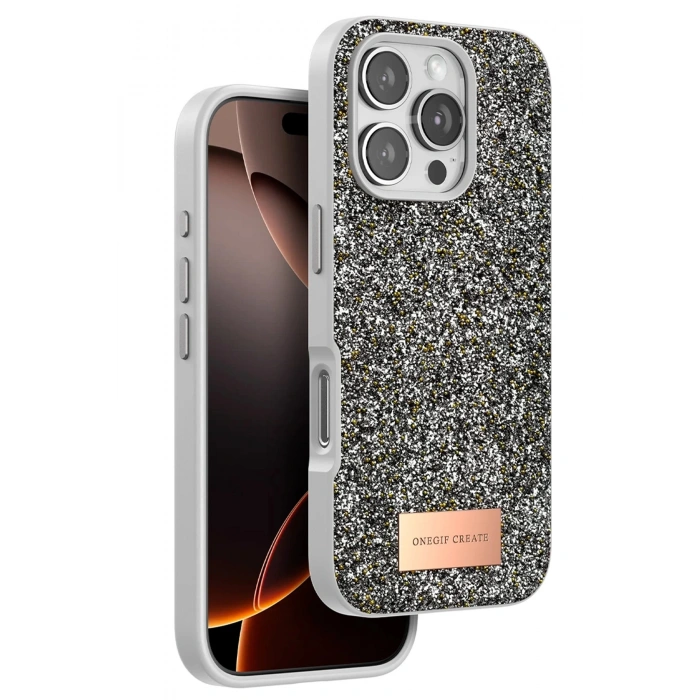 Onegif iPhone 16 Pro Bright Simli Kapak - Gümüş