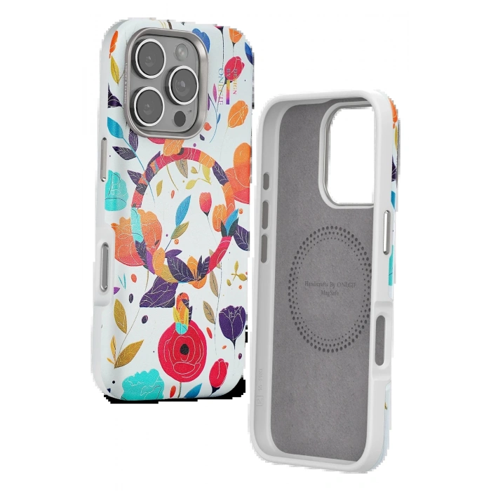 Onegif iPhone 16 Pro Flower Series Magsafe Kapak - Beyaz