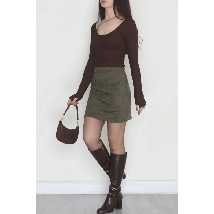 Önü Arkası U Yaka Basic Bluz Kahve - 42676.1247.