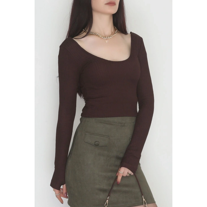 Önü Arkası U Yaka Basic Bluz Kahve - 42676.1247.