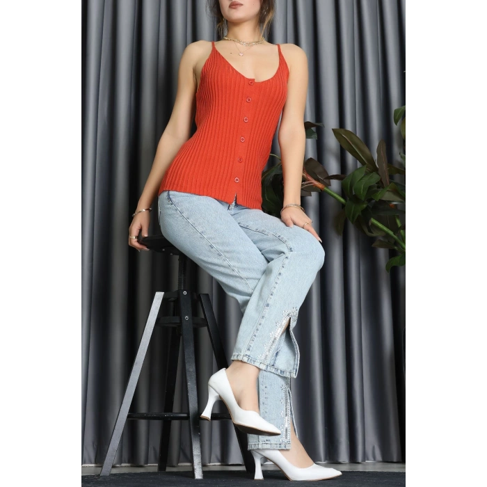 Önü Düğmeli Askılı Triko Yelek Kırmızı - 71740.444.