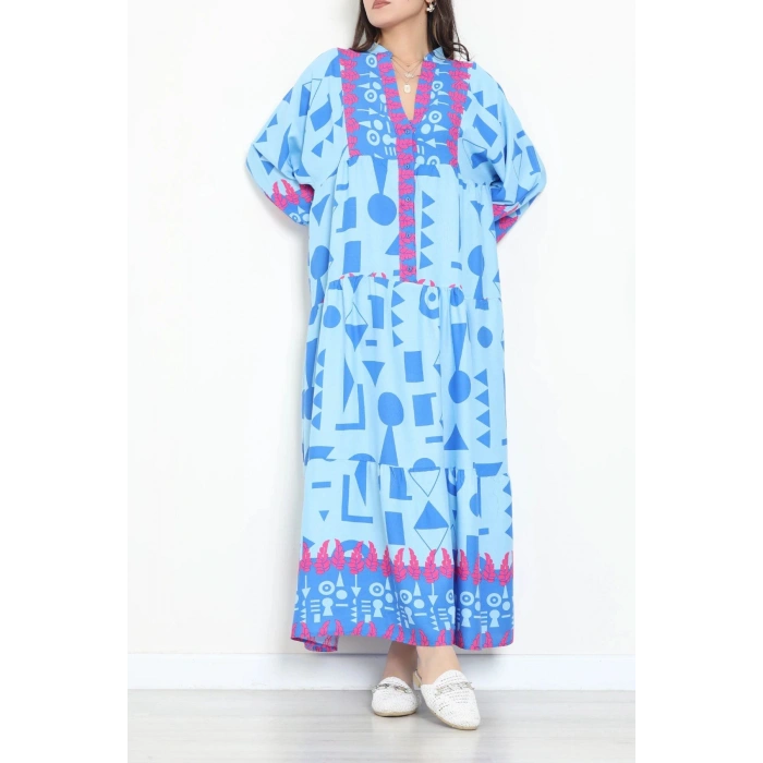 Önü Düğmeli Desenli Elbise Mavipembe - 41825.1247.