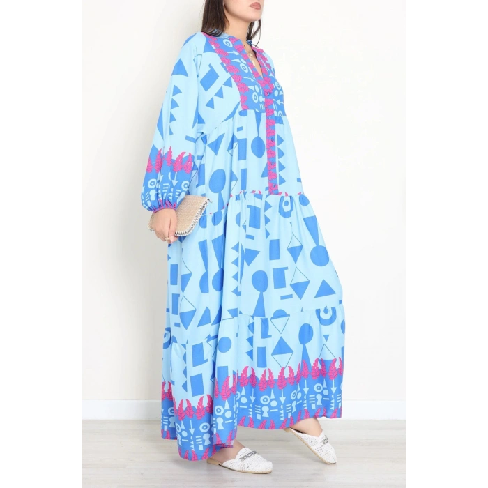 Önü Düğmeli Desenli Elbise Mavipembe - 41825.1247.