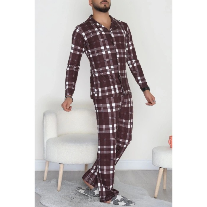 Önü Düğmeli Süet Erkek Pijama Takımı Kahve - 42662.2028.