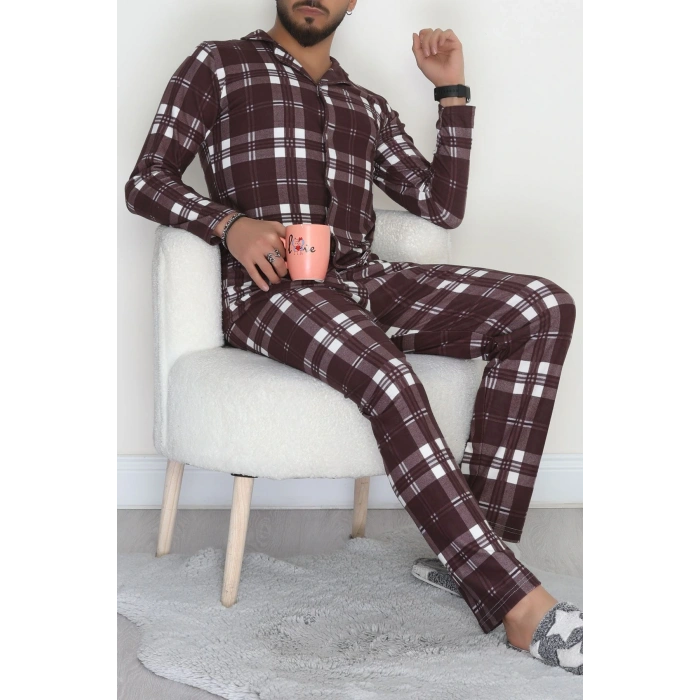 Önü Düğmeli Süet Erkek Pijama Takımı Kahve - 42662.2028.