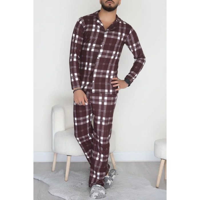 Önü Düğmeli Süet Erkek Pijama Takımı Kahve - 42662.2028.