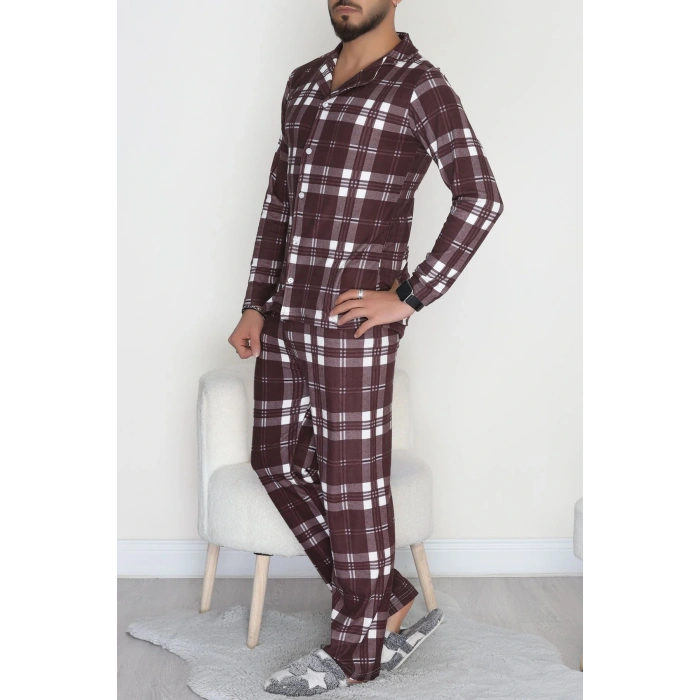 Önü Düğmeli Süet Erkek Pijama Takımı Kahve - 42662.2028.