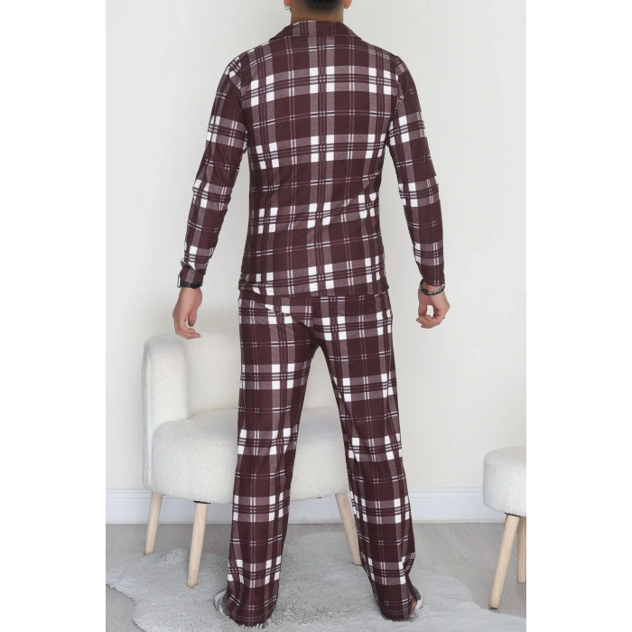 Önü Düğmeli Süet Erkek Pijama Takımı Kahve - 42662.2028.
