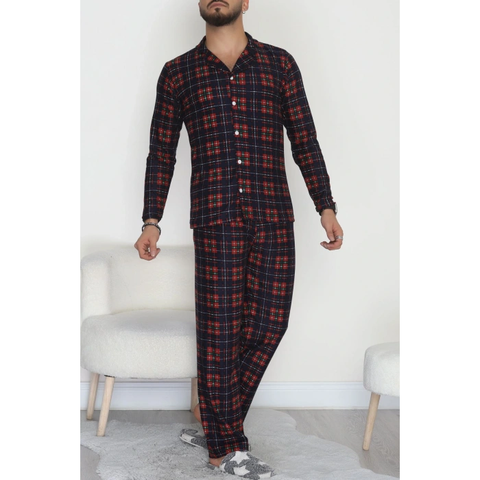 Önü Düğmeli Süet Erkek Pijama Takımı Lacikırmızı - 42662.2028.