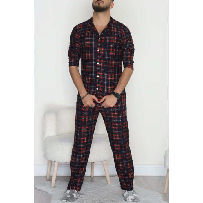 Önü Düğmeli Süet Erkek Pijama Takımı Lacikırmızı - 42662.2028.