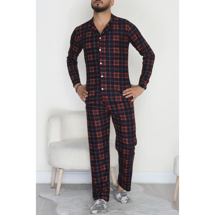 Önü Düğmeli Süet Erkek Pijama Takımı Lacikırmızı - 42662.2028.