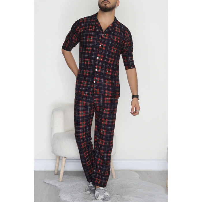 Önü Düğmeli Süet Erkek Pijama Takımı Lacikırmızı - 42662.2028.