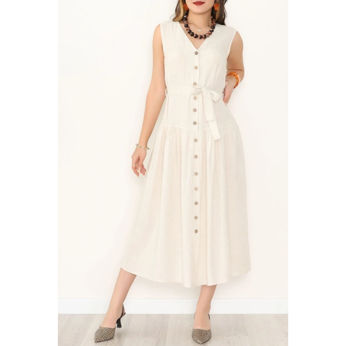 Önü Düğmeli Uzun Keten Elbise Taş - 31211.1779.