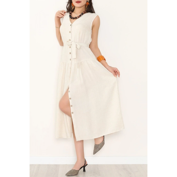 Önü Düğmeli Uzun Keten Elbise Taş - 31211.1779.