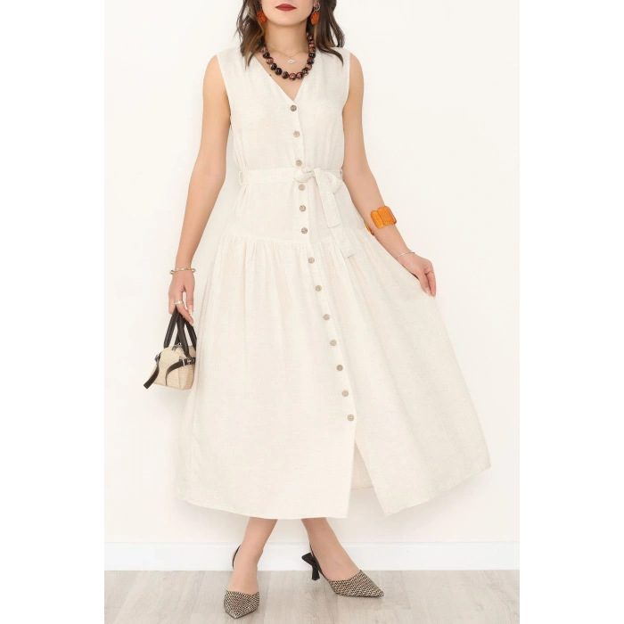 Önü Düğmeli Uzun Keten Elbise Taş - 31211.1779.