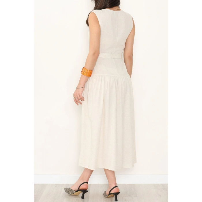 Önü Düğmeli Uzun Keten Elbise Taş - 31211.1779.