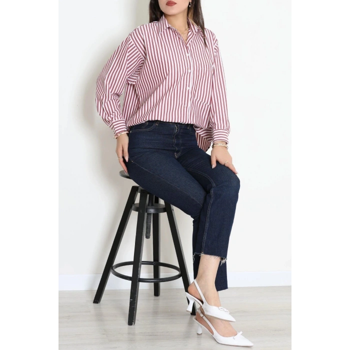 Oversize Çizgili Gömlek Bordo - 7559.1437.