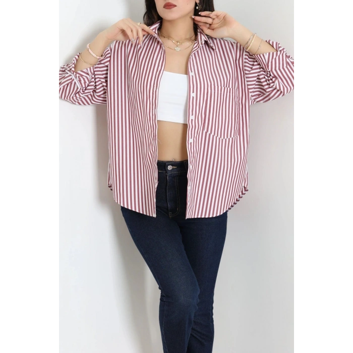 Oversize Çizgili Gömlek Bordo - 7559.1437.