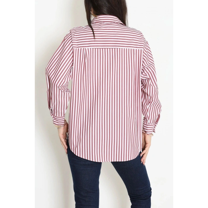Oversize Çizgili Gömlek Bordo - 7559.1437.
