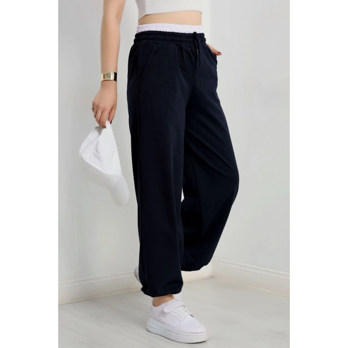 Özel Tasarım İki İplik Beli Lastikli Eşofman Lacivertbeyaz - 70175.1857.