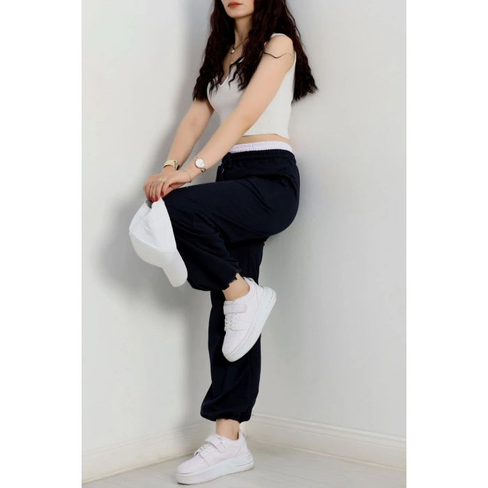 Özel Tasarım İki İplik Beli Lastikli Eşofman Lacivertbeyaz - 70175.1857.