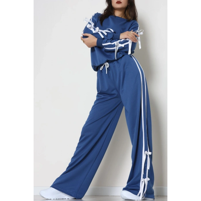 Özel Tasarım İki İplik Kurdele Detay Eşofman Takım İndigo - 70164.1857.